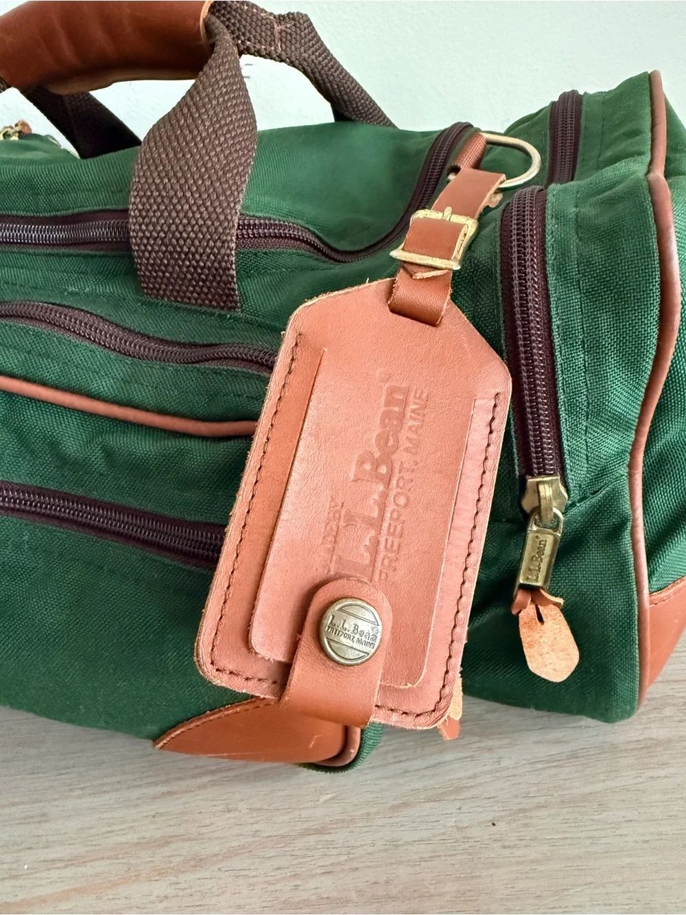 Vintage LL Bean Green Continental Weekender Duffle Bag Canvas Leather Mono CHUCK